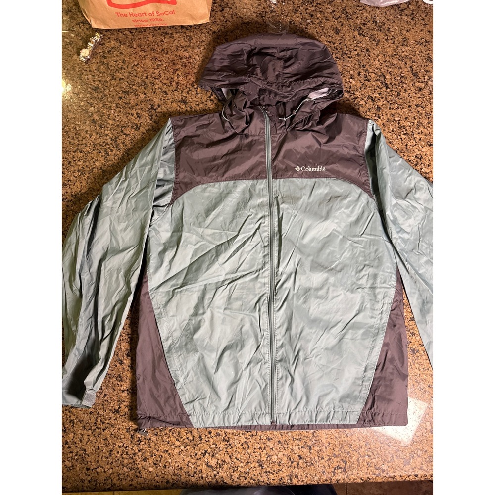 Columbia Mens Windbreaker Jacket Teal Grey Hooded Full Zip Medium Outdoor Coat